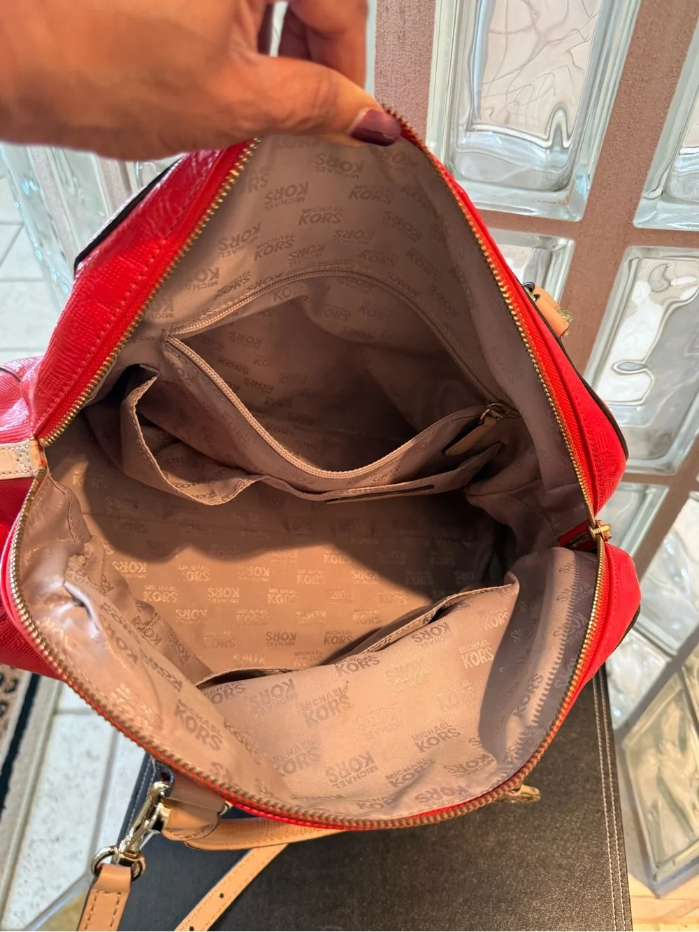Michael Kors Reddish Orange Leather Crossbody Grayson Satchel. Tan Trim.